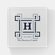 Modern Navy Greek Key Monogram Family Crest
