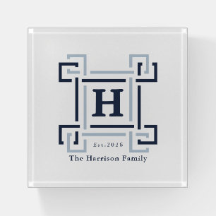 Modern Navy Greek Key Monogram Family Crest Paperweight