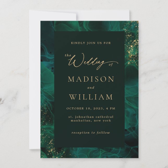 Modern Navy Green & Gold Foil Agate Invitation (Front)
