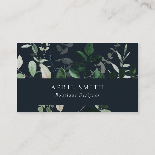 Modern Navy Green Leafy Tropical Foliage Fern Business Card (Front)