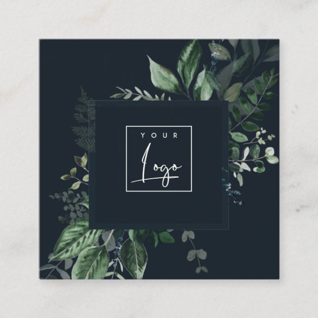 Modern Navy Green Leafy Tropical Foliage Fern Logo Square Business Card (Front)