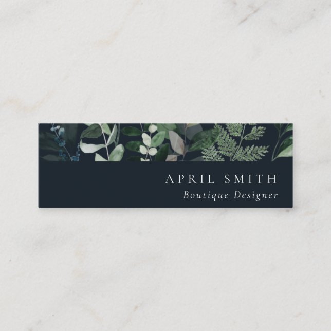 Modern Navy Green Leafy Tropical Foliage Fern Mini Business Card (Front)