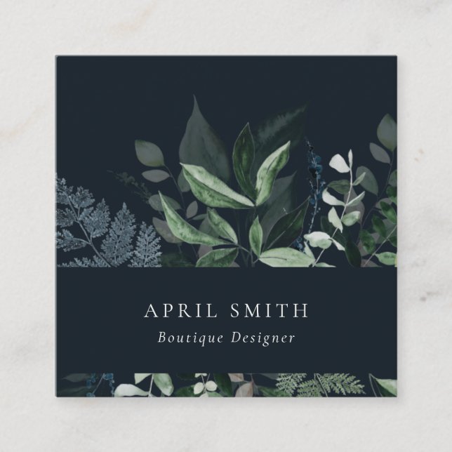 Modern Navy Green Leafy Tropical Foliage Fern Square Business Card (Front)