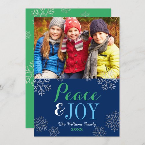 Modern Navy Green Peace and Joy Snowflake Photo Holiday Card