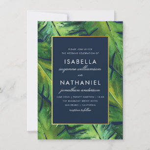 Modern Navy & Green Tropical Leaves Wedding Invitation