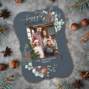 Modern Navy Greenery Botanical Happy Holiday Photo Card