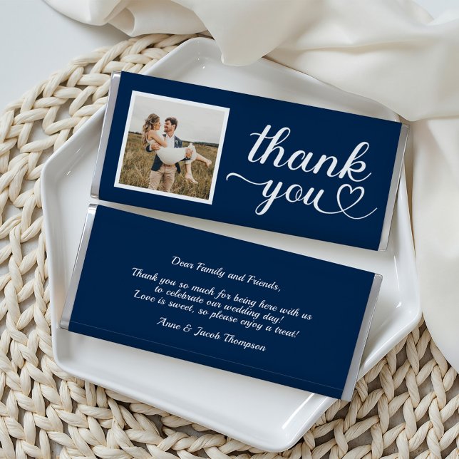 Modern Navy Heart Script Photo Thank You Hershey Bar Favors (Creator Uploaded)