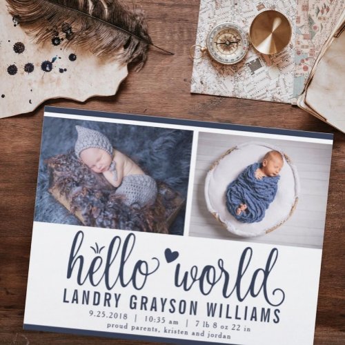 Modern Navy Hello World Photo Collage Birth Stat Announcement