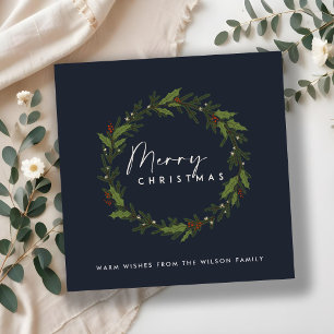 MODERN NAVY HOLLY BERRY WREATH MERRY CHRISTMAS HOLIDAY CARD