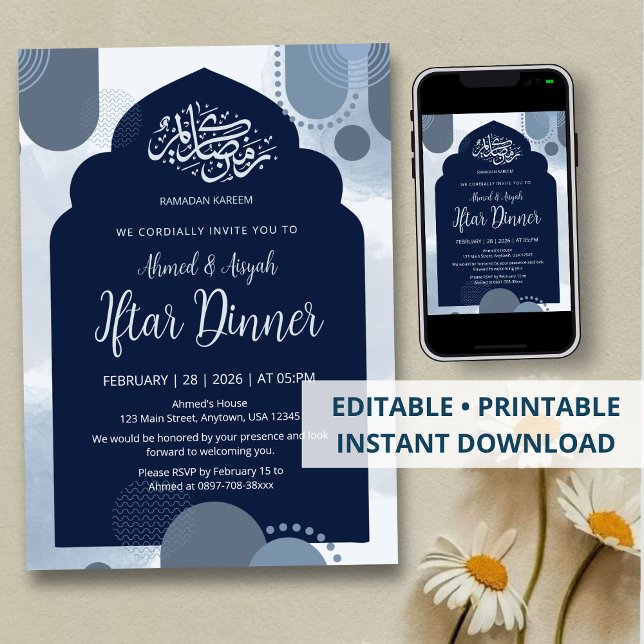 Modern Navy Iftar Invitation  withGeometric Arch (Creator Uploaded)