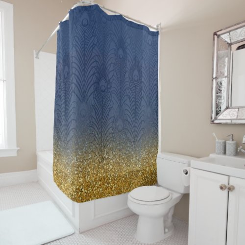 Modern Navy Indigo Blue  Glitter Gold Feather Shower Curtain