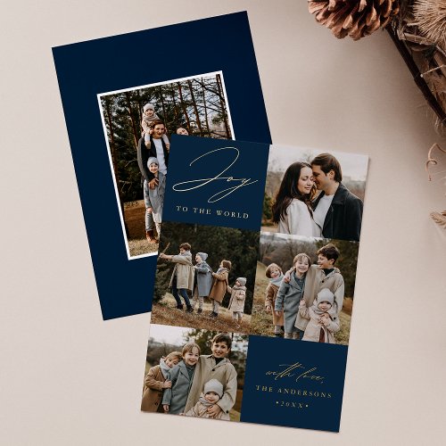 Modern Navy Joy to the World 5 Photo Foil Holiday Card