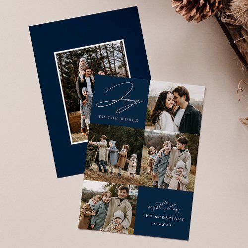 Modern Navy Joy to the World 5 Photo Holiday Card