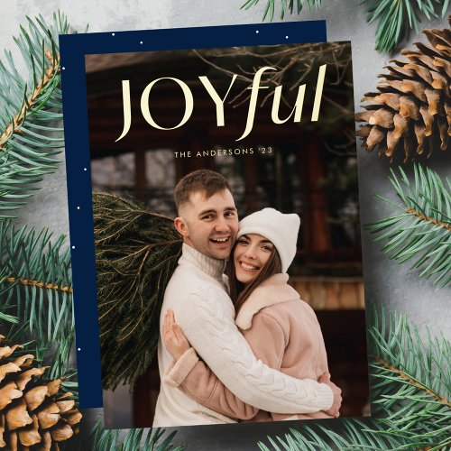 Modern Navy Joyful Photo Foil Holiday Card