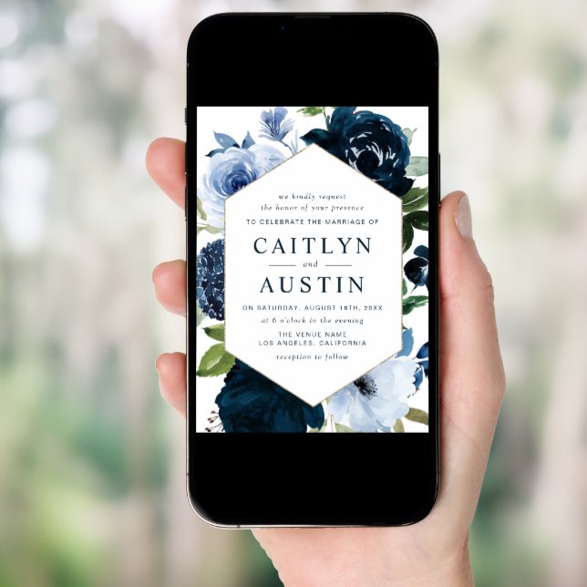 modern navy & light blue flowers wedding invitation (Front Digital)