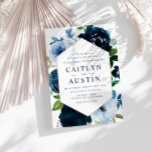 modern navy & light blue flowers wedding invitation<br><div class="desc">floral design with editable blue text and watercolor navy & light blue flowers.</div>