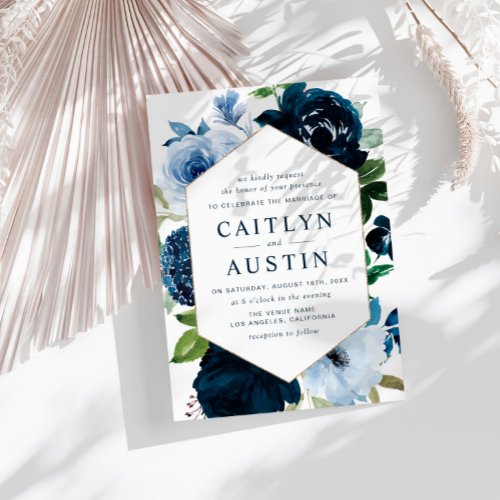 modern navy  light blue flowers wedding invitation
