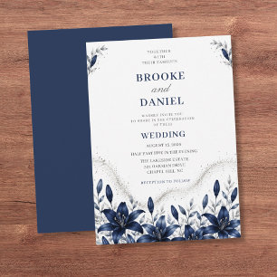 Modern Navy Lily Silver Garden Wedding Invitation