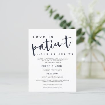 Modern Navy Love is Patient Change The Date Announcement Postcard