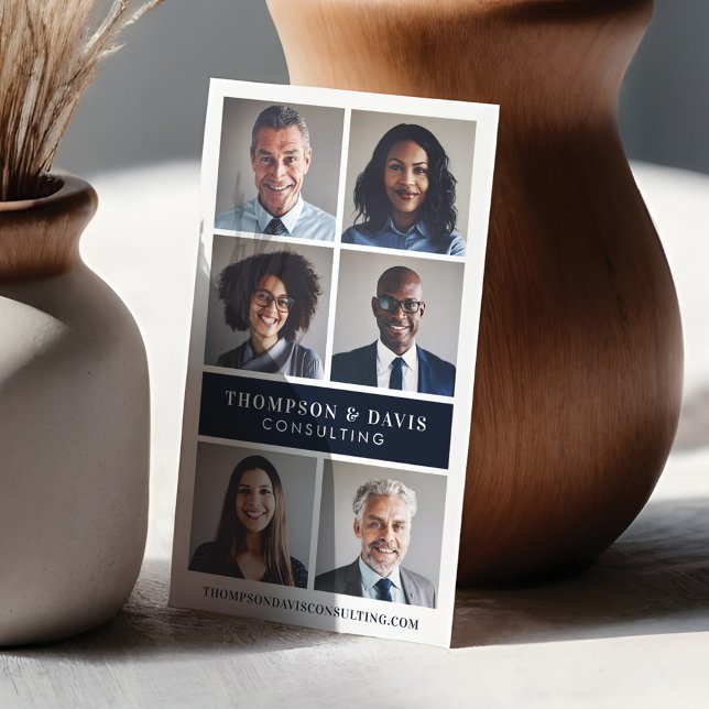 Modern Navy Luxury Professional Team Photo Collage Business Card (Minimal Business Team Members Photo Grid Employee Business Card)