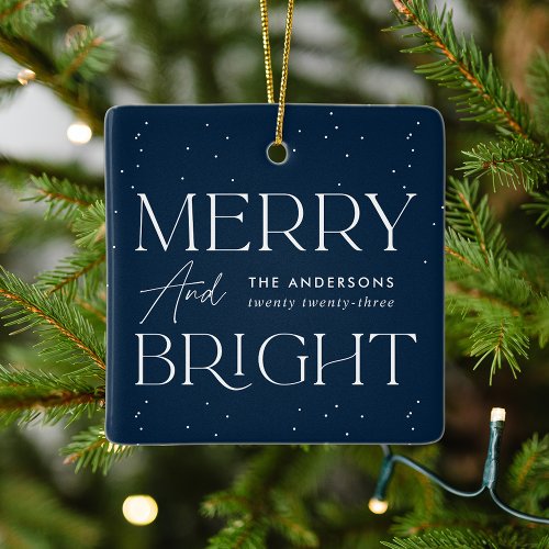 Modern Navy Merry and Bright Photo Ceramic Ornament