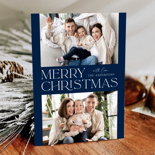 Modern Navy Merry Christmas 2 Photo Holiday Card