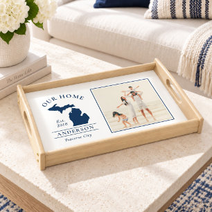 Modern Navy Michigan Our Home Family Photo Serving Tray