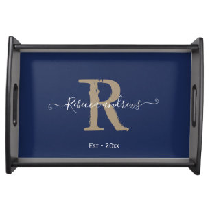Modern Navy Monogram Name Script Established Serving Tray