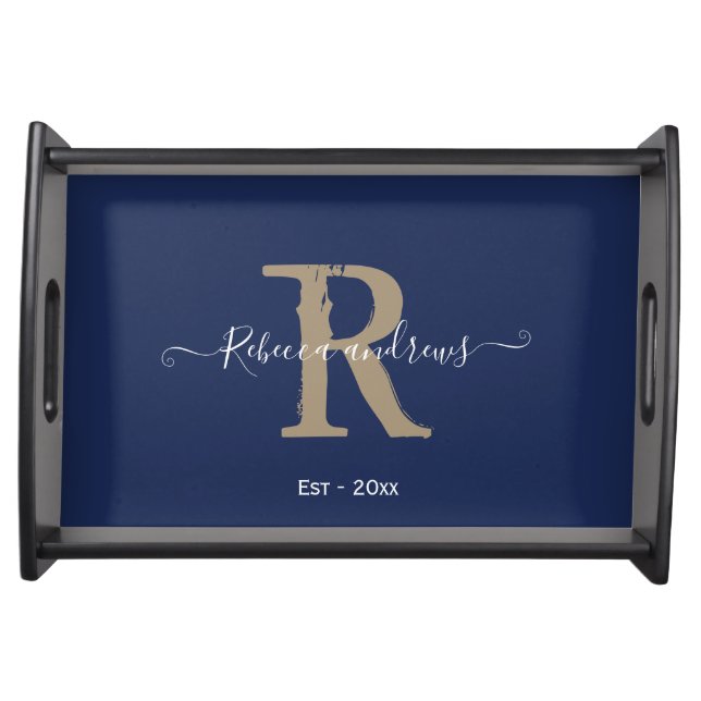 Modern Navy Monogram Name Script Established Serving Tray (Front)
