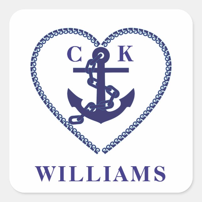 Modern Navy Nautical Anchor Heart Wedding Monogram Square Sticker (Front)