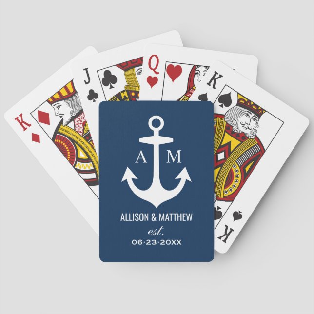 Modern Navy Nautical Anchor Monogram Poker Cards (Back)