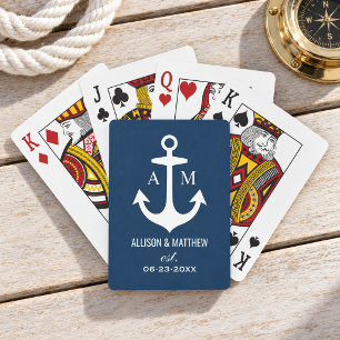 Modern Navy Nautical Anchor Monogram Poker Cards