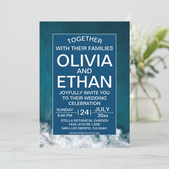 Modern navy nautical coastal Wedding Invitation (Standing Front)