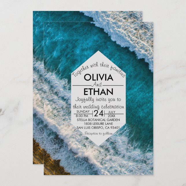Modern navy nautical waves Wedding Invitation (Front/Back)