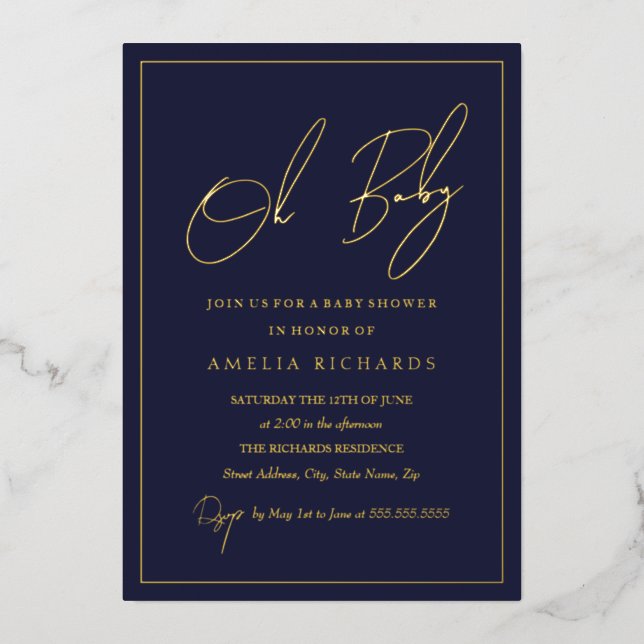 Modern Navy Oh Baby Boy Baby Shower  Foil Invitation (Front)