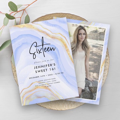 Modern Navy Ombre Marble Photo Sweet 16  Invitation