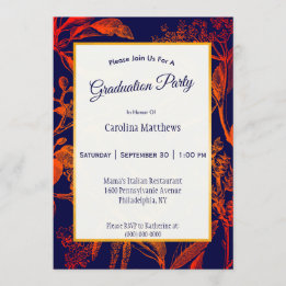 Modern Navy Orange Leaves Floral Graduation Invitation