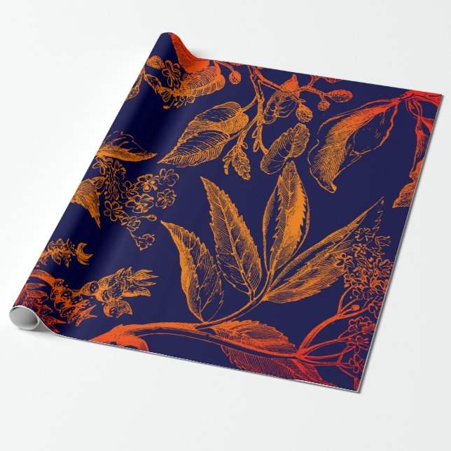 Modern Navy Orange Leaves Floral Wrapping Paper (Unrolled)