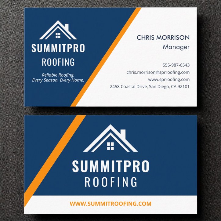 Modern Navy Orange Roofing Construction Contractor Business Card