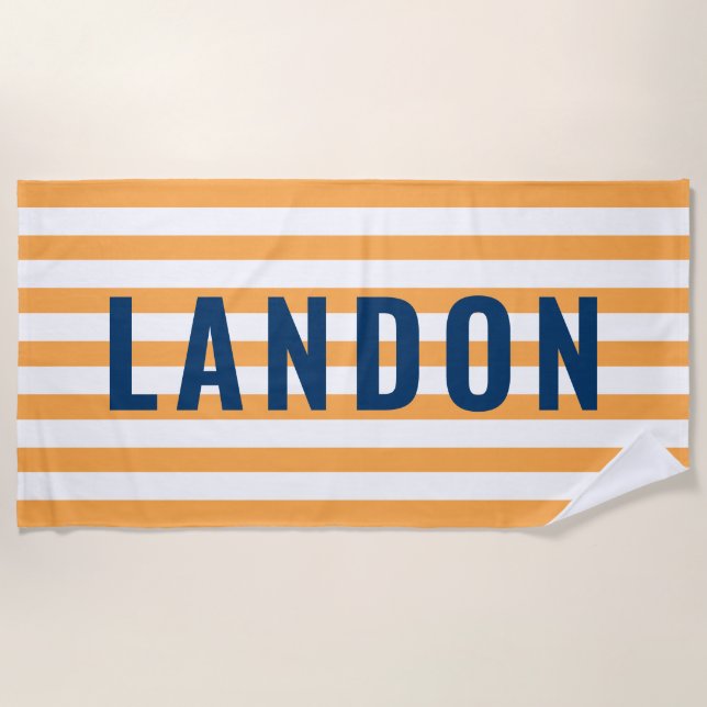 Modern Navy Orange Stripe Monogram Name Beach Towel (Front)