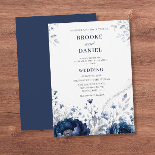 Modern Navy Peony Silver Glitter Dust Wedding Invitation