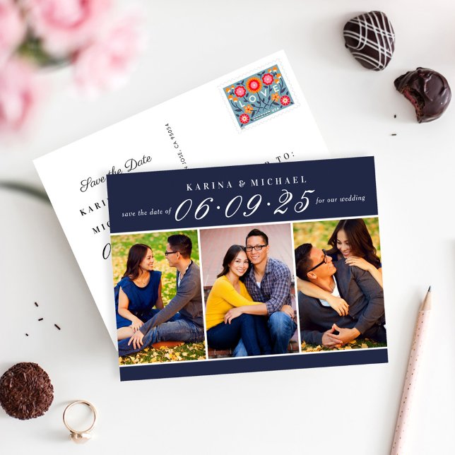 Modern Navy Photo Collage Save the Date Announcement Postcard (Creator Uploaded)