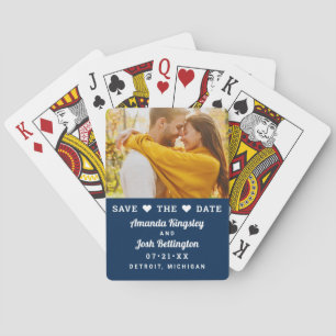 Modern Navy Photo Heart Save the Date Poker Cards