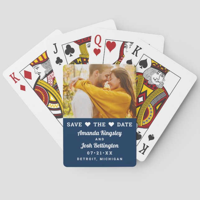 Modern Navy Photo Heart Save the Date Poker Cards (Back)