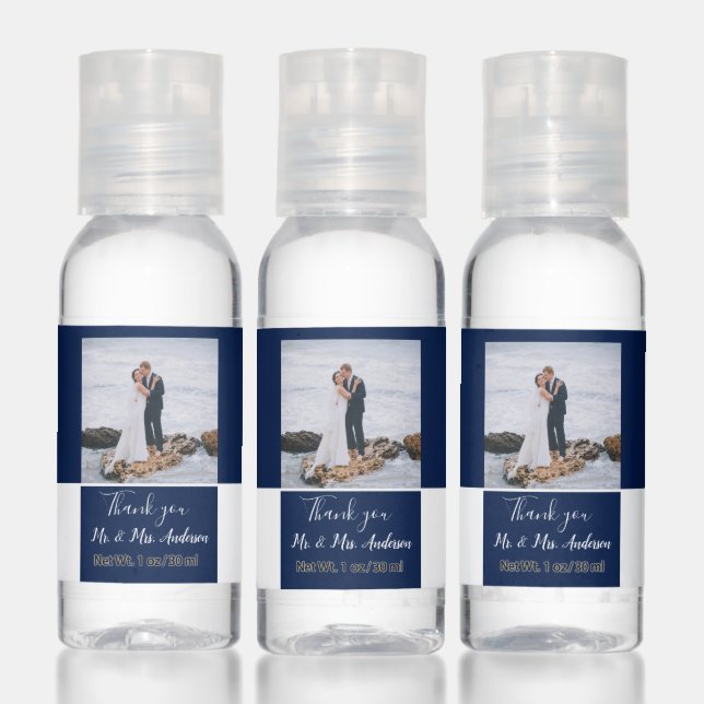 Modern Navy Photo Thank you Wedding Hand Sanitizer (Set)
