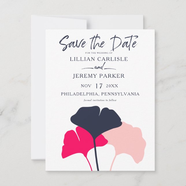 Modern Navy, Pink Ginkgo Leaves Save the Date, STD Invitation (Front)