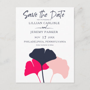 Modern Navy, Pink Ginkgo Leaves Save the Date, STD Invitation