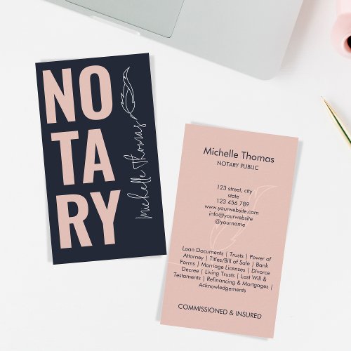Modern Navy Pink Notary Loan Signing Agent Business Card