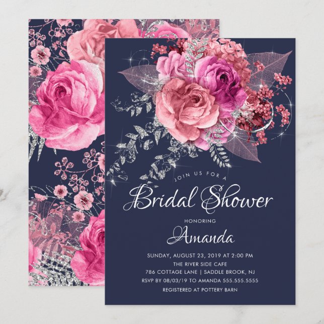 Modern Navy Pink & Silver Floral Bridal Shower Invitation (Front/Back)