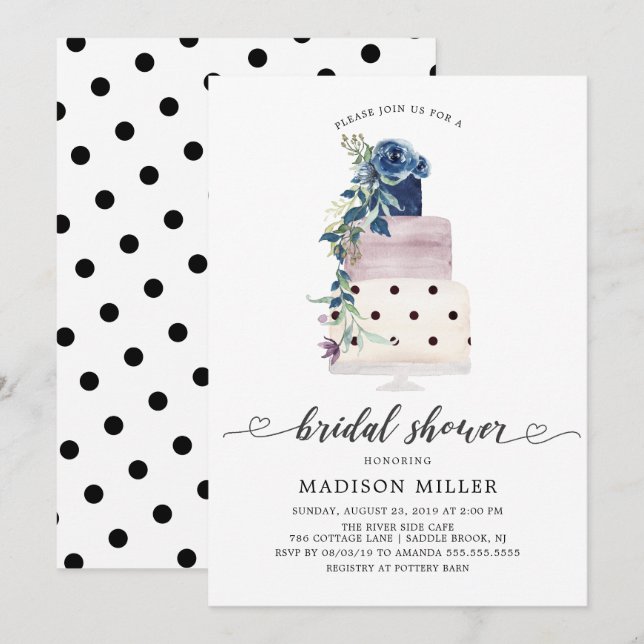 Modern Navy & Plum Floral Cake Bridal Shower Invitation (Front/Back)
